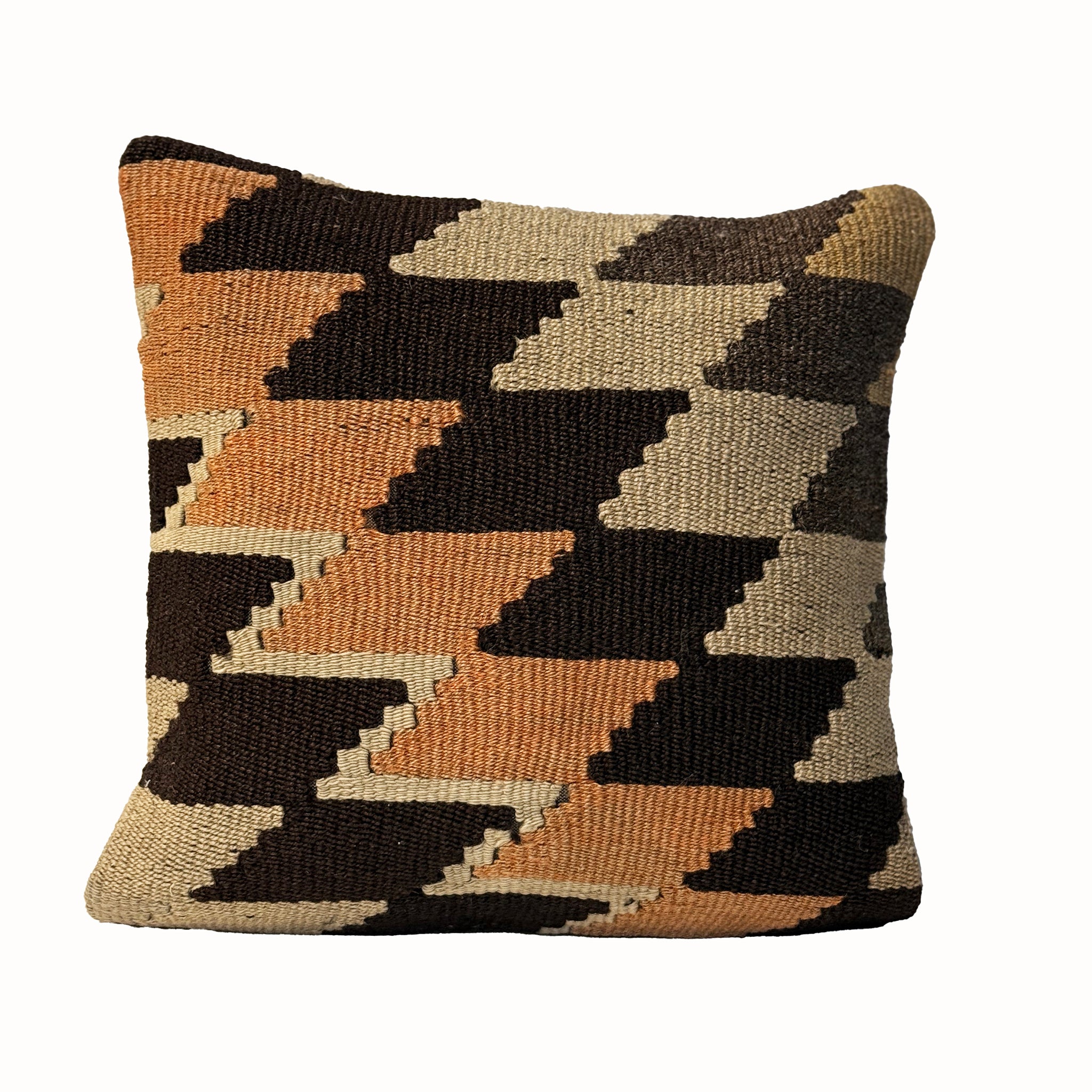 Desert Checker vintage kilim pillow cover with sand, black, tan, and muted orange checkerboard kilim pattern, 16 x 16.
