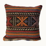 Copper Medallion vintage kilim pillow cover with copper, blue, cream, black, and terracotta medallion motif, 16 x 16.
