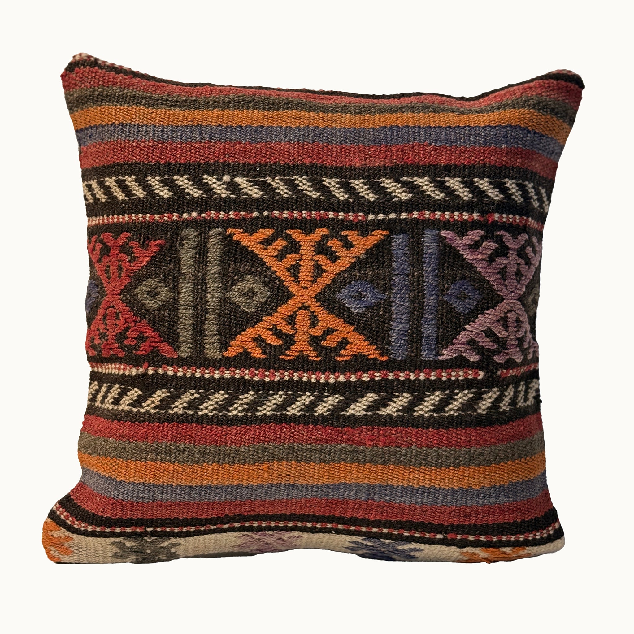 Copper Medallion vintage kilim pillow cover with copper, blue, cream, black, and terracotta medallion motif, 16 x 16.
