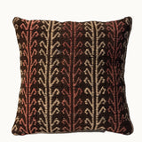 Vine Motif vintage kilim pillow cover with brown, cream, black, and rust repeating vine kilim pattern, 16 x 16.
