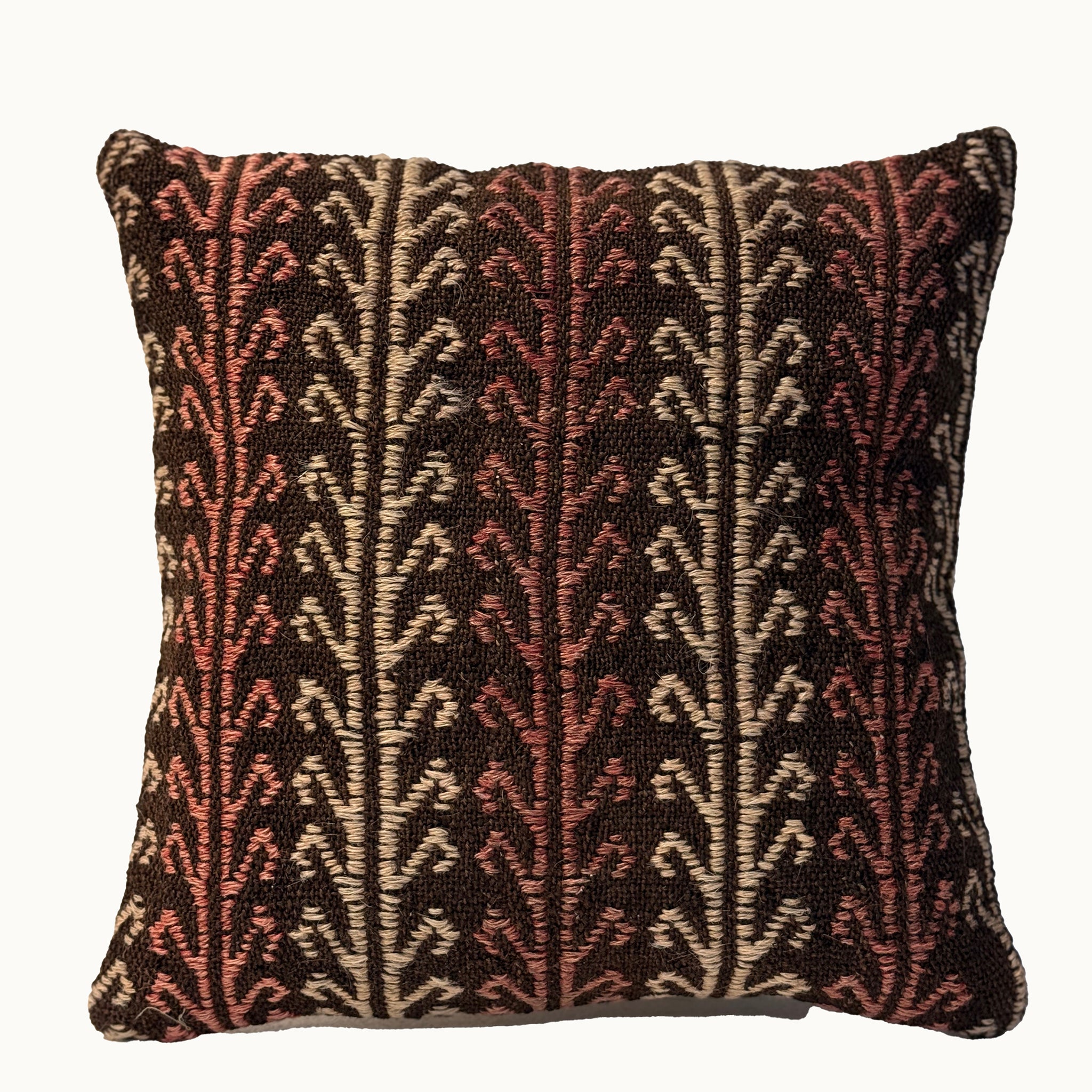Vine Motif vintage kilim pillow cover with brown, cream, black, and rust repeating vine kilim pattern, 16 x 16.
