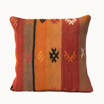 Saffron Panel vintage kilim pillow cover with saffron, rust, tan, and charcoal panel kilim pattern, 16 x 16.
