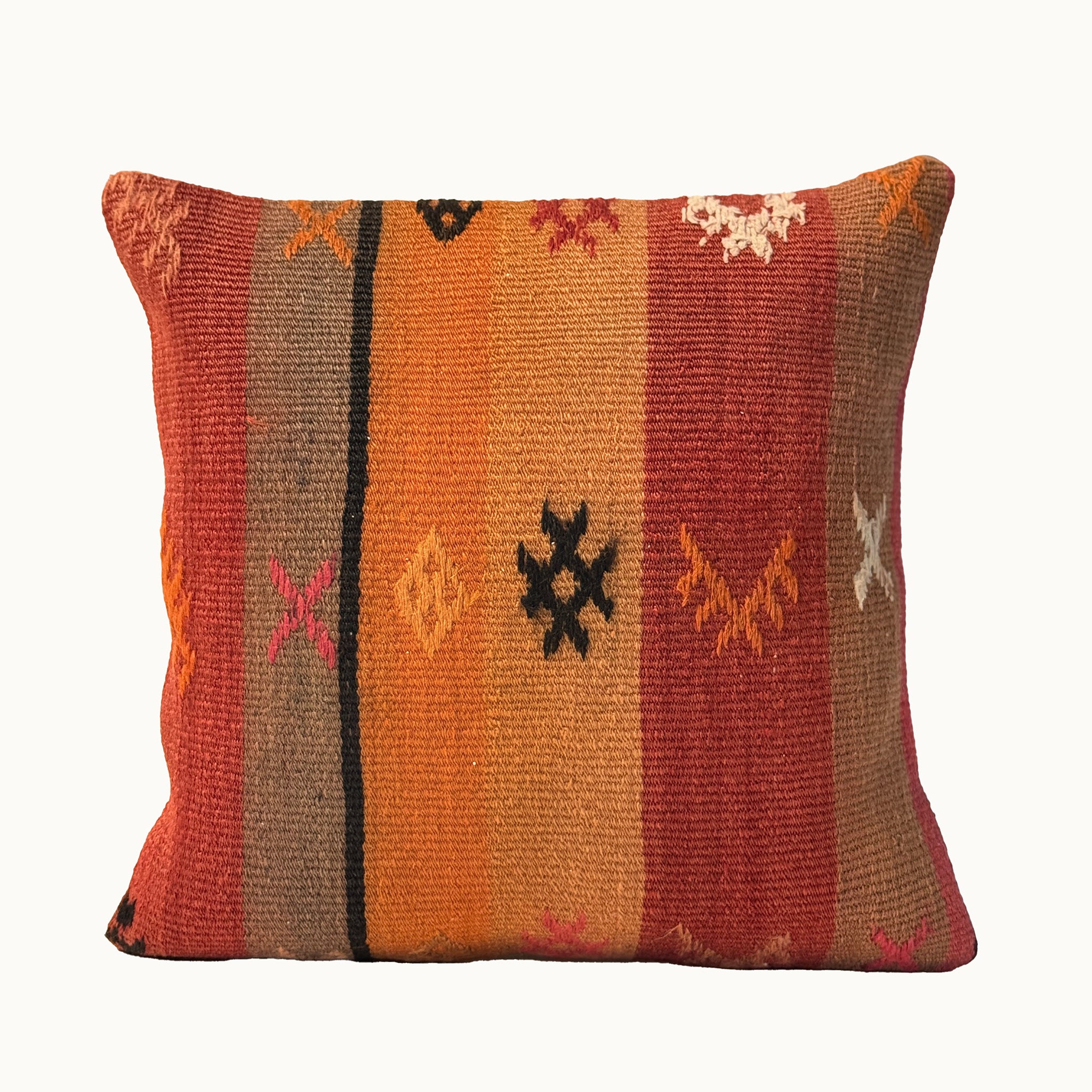 Saffron Panel vintage kilim pillow cover with saffron, rust, tan, and charcoal panel kilim pattern, 16 x 16.
