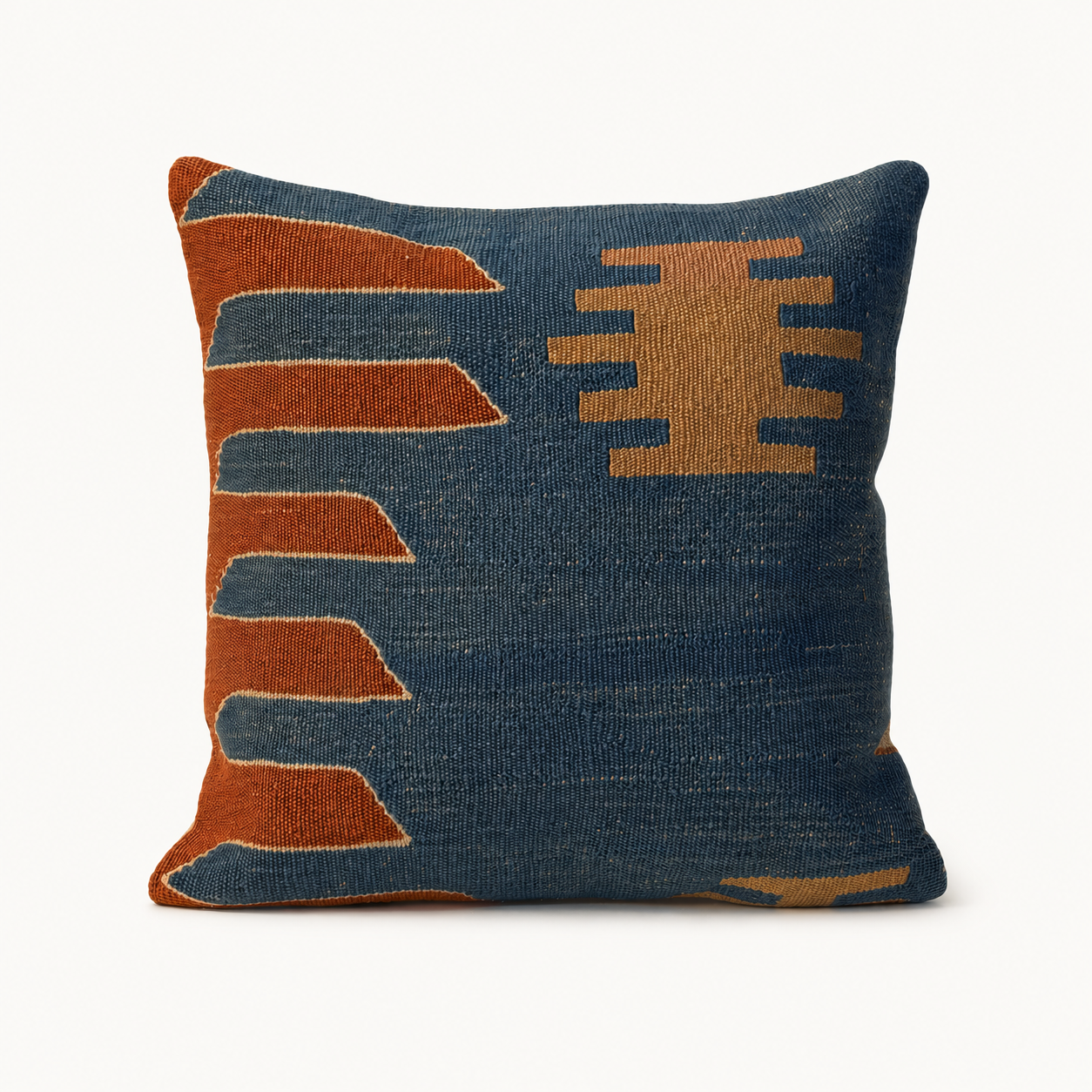 Indigo Mesa vintage kilim pillow cover with indigo blue, orange, rust, and tan geometric kilim pattern, 16 x 16.
