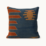 Indigo Mesa vintage kilim pillow cover with indigo blue, orange, rust, and tan geometric kilim pattern, 16 x 16.
