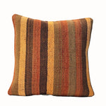 Harvest Stripe vintage kilim pillow cover with orange, rust, tan, and olive vertical striped kilim pattern, 16 x 16.
