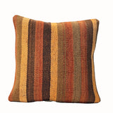 Harvest Stripe vintage kilim pillow cover with orange, rust, tan, and olive vertical striped kilim pattern, 16 x 16.
