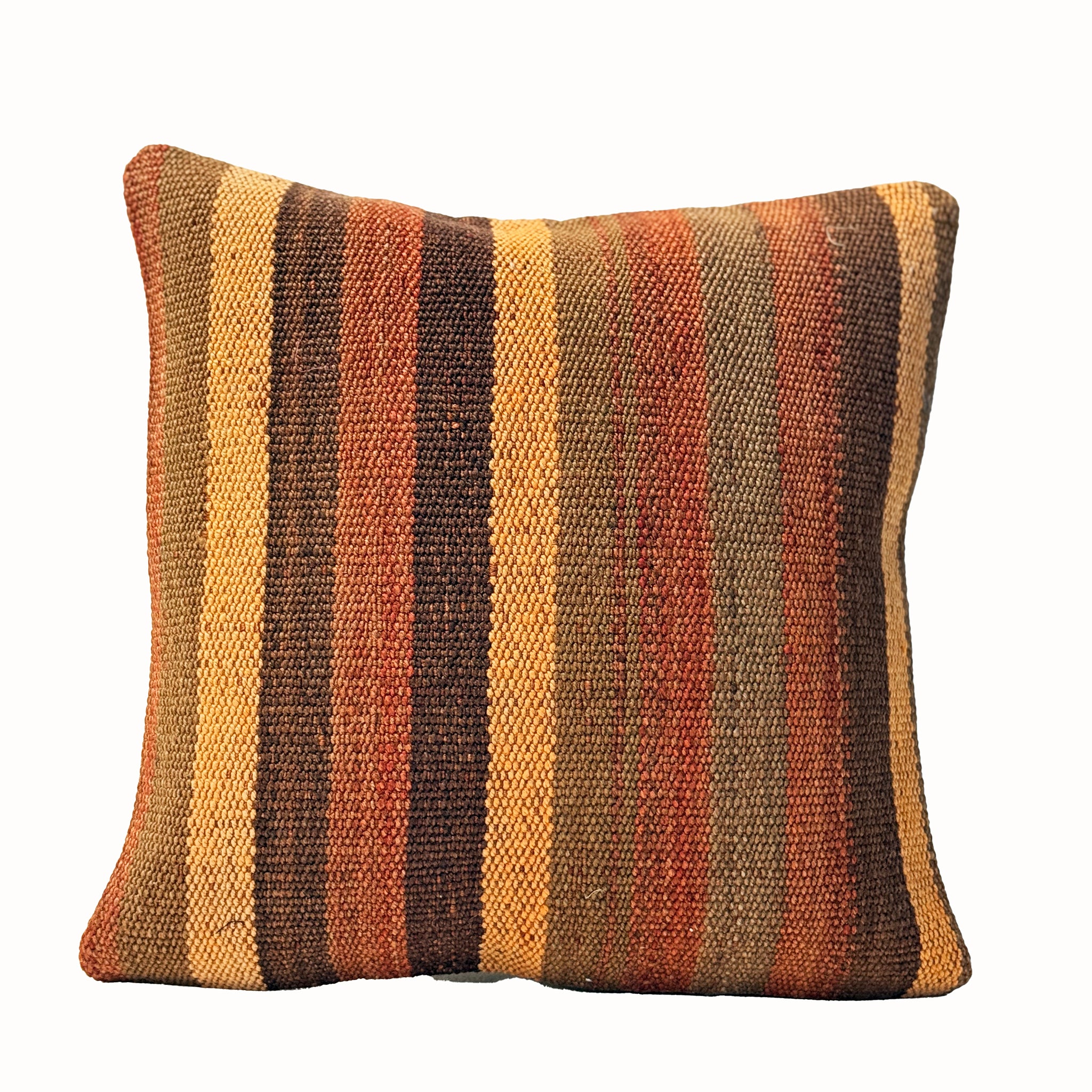 Harvest Stripe vintage kilim pillow cover with orange, rust, tan, and olive vertical striped kilim pattern, 16 x 16.

