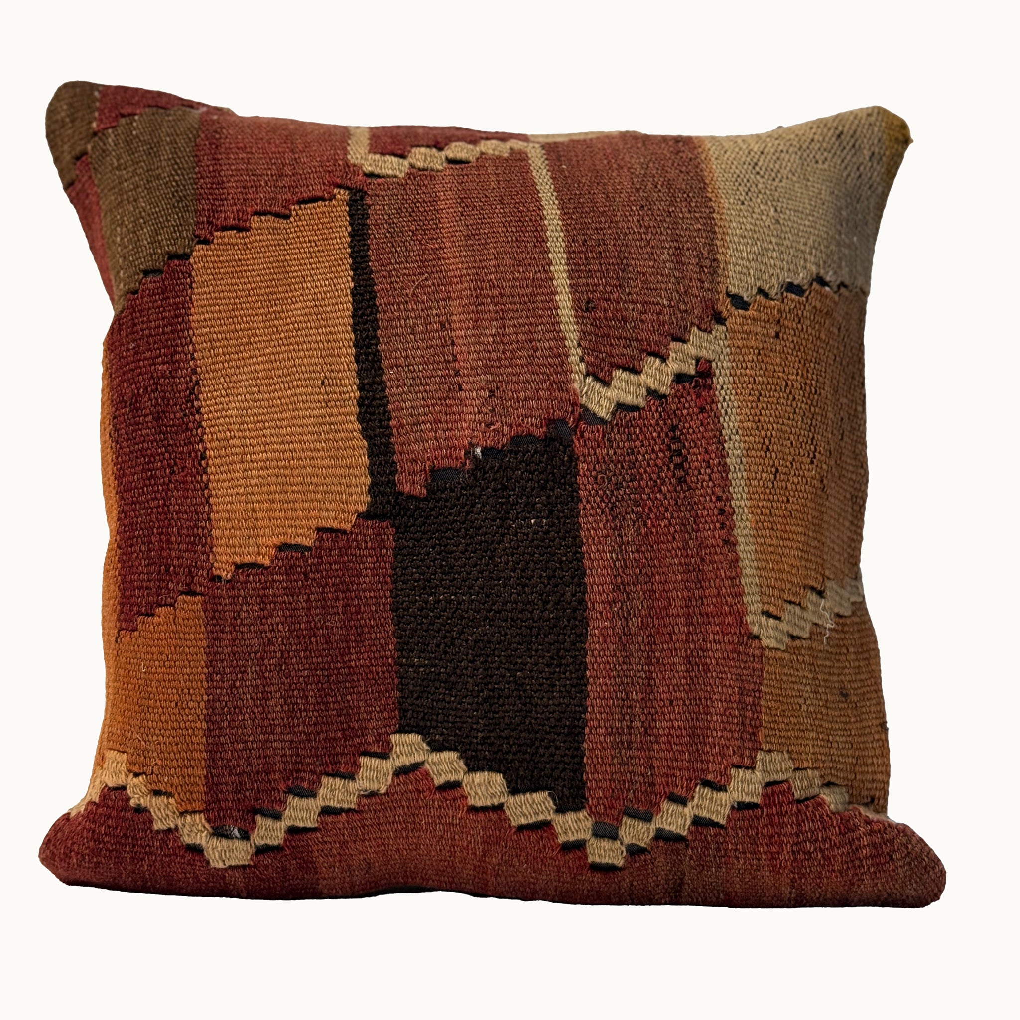Earthen Patch vintage kilim pillow cover with brown, rust, tan, cream, and burgundy patchwork kilim pattern, 16 x 16.

