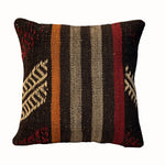 Black Ember Stripe vintage kilim pillow cover with black, rust, tan, and cream narrow striped kilim pattern, 16 x 16.
