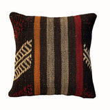 Black Ember Stripe vintage kilim pillow cover with black, rust, tan, and cream narrow striped kilim pattern, 16 x 16.

