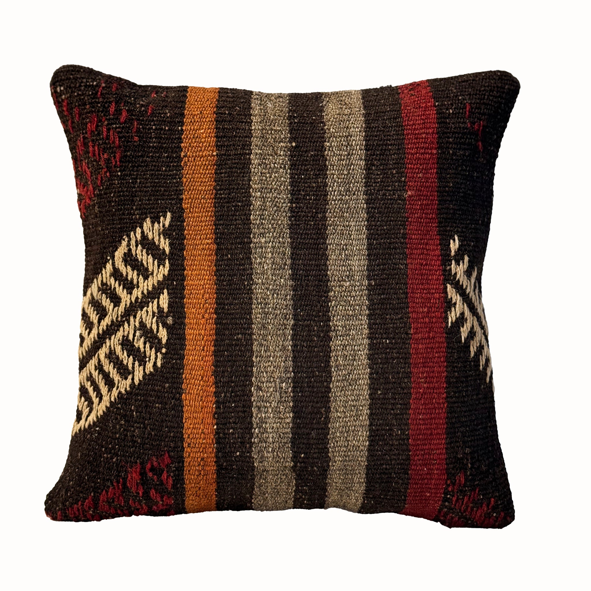 Black Ember Stripe vintage kilim pillow cover with black, rust, tan, and cream narrow striped kilim pattern, 16 x 16.
