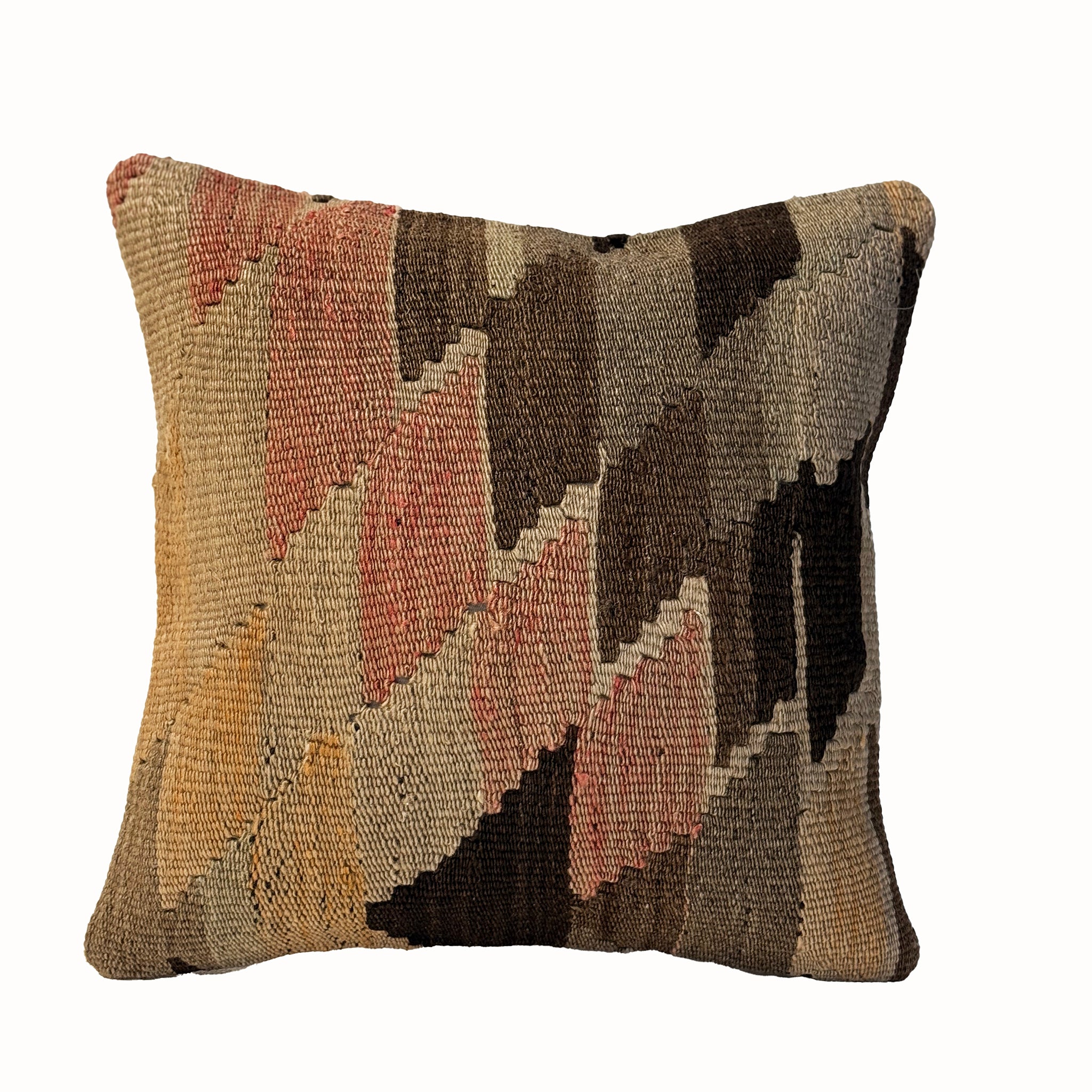 Soft Canyon vintage kilim pillow cover with muted pink, sage, brown, black, and cream geometric kilim pattern, 16 x 16.
