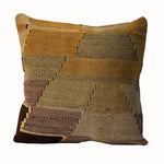 Golden Meadow vintage kilim pillow cover with golden tan, olive, cream, and lavender patchwork kilim pattern, 16 x 16.
