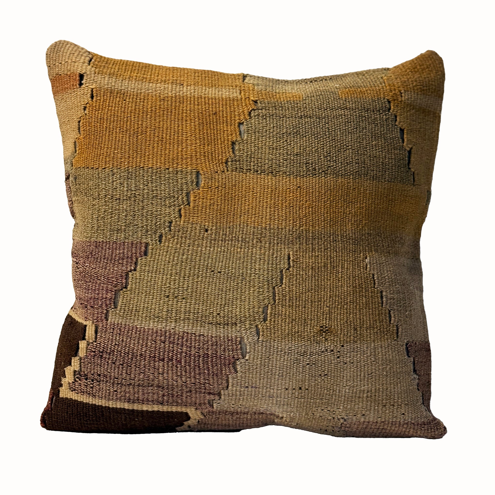 Golden Meadow vintage kilim pillow cover with golden tan, olive, cream, and lavender patchwork kilim pattern, 16 x 16.
