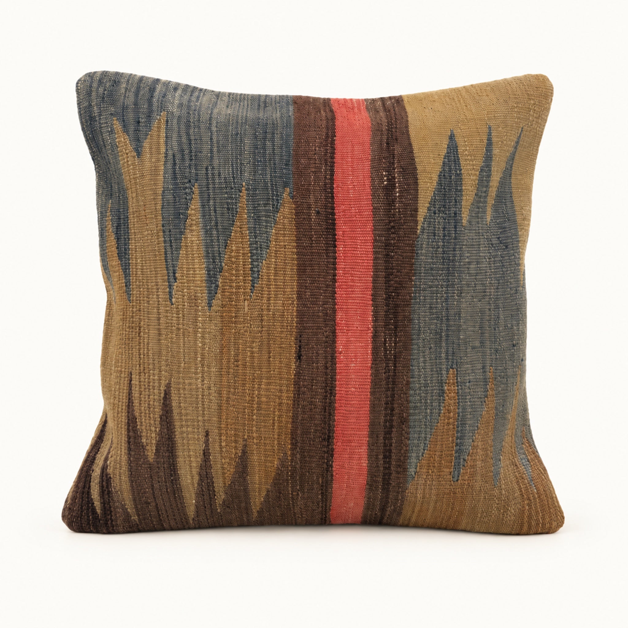 18 x 18 vintage kilim pillow cover with slate blue and tan jagged geometric shapes, brown bands and a coral vertical stripe.
