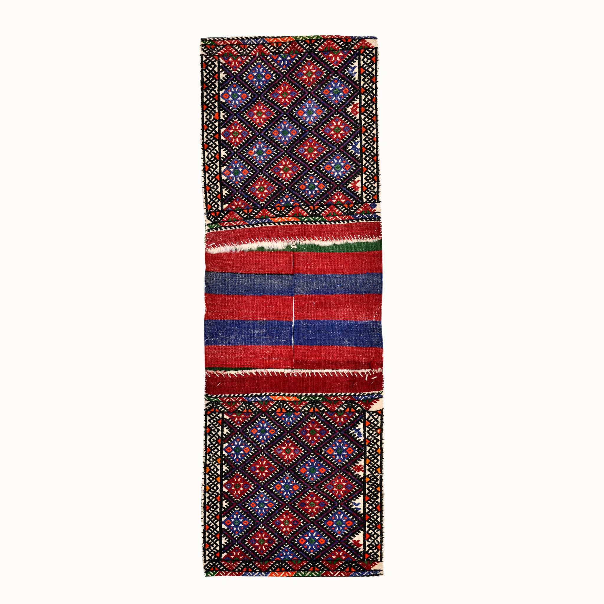 Heybe hand-knotted vintage kilim saddle bag, decorative as a magazine and newspaper holder