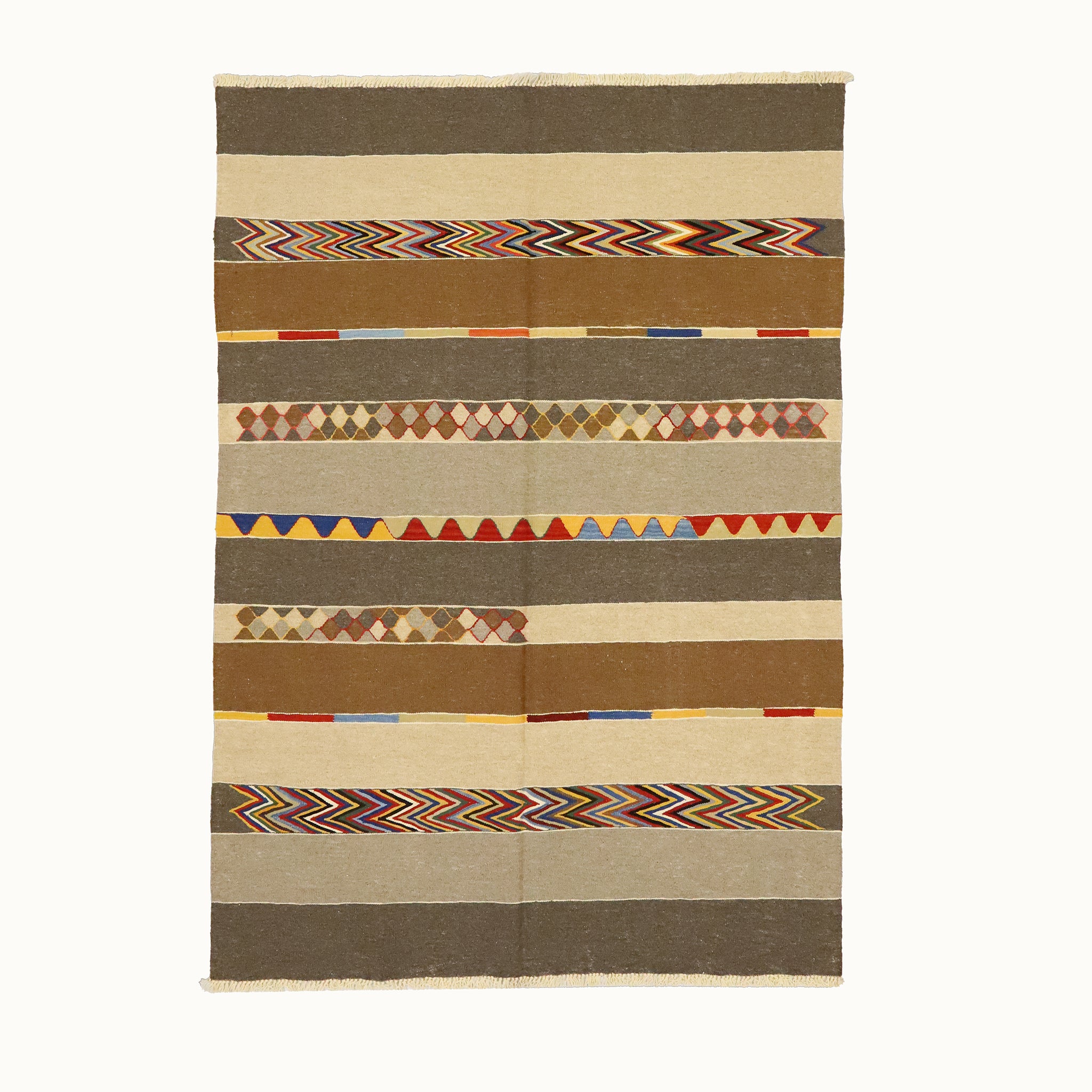 6x8 hand-knotted kilim flatweave rug with geometric pattern on a white background