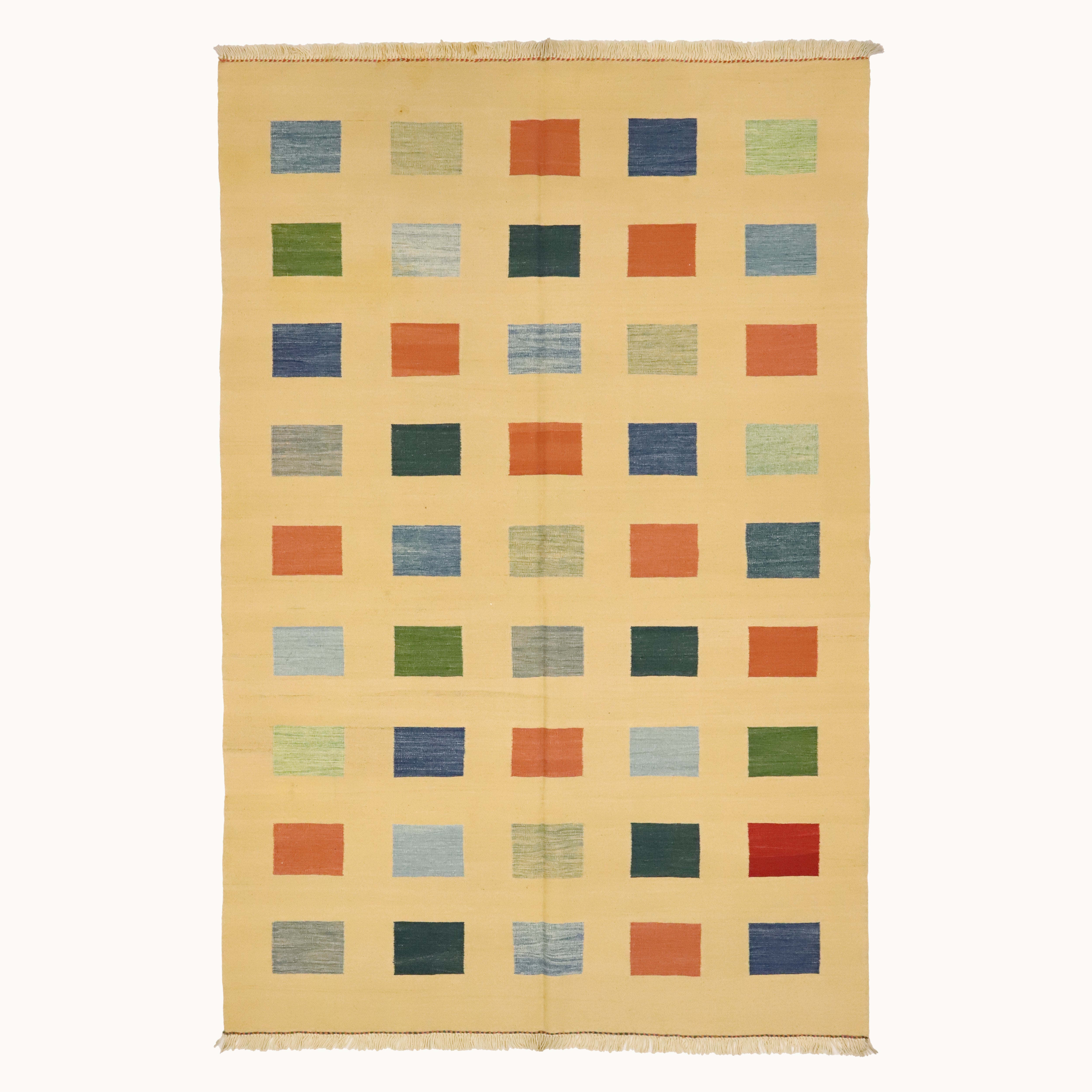 6x9 hand-knotted kilim flatweave rug with a geometric pattern of squares in various colors on a beige background.