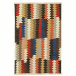 6x9 hand-knotted kilim flatweave and multicolored geometric patterned rug on a white background