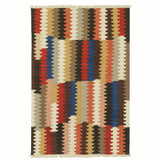 6x9 hand-knotted kilim flatweave and multicolored geometric patterned rug on a white background