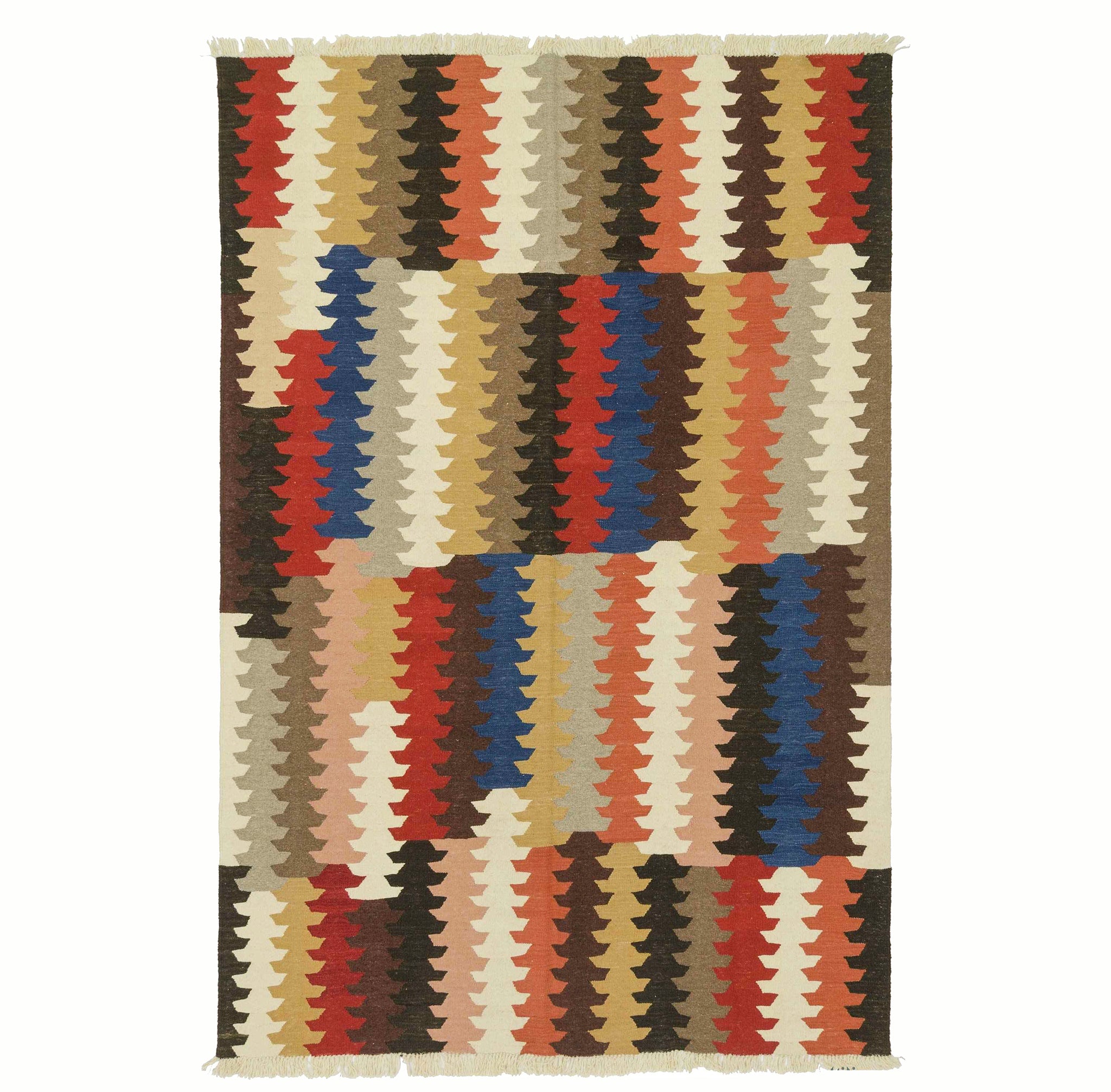 6x9 hand-knotted kilim flatweave and multicolored geometric patterned rug on a white background