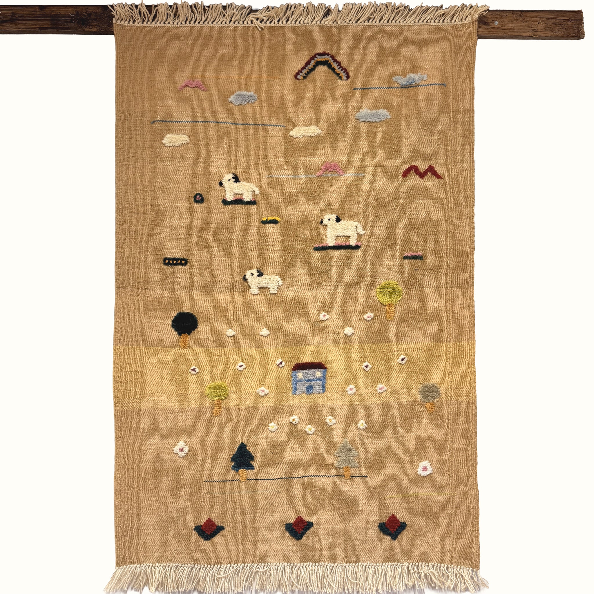 Puppy Meadow kids rug made from natural wool, perfect for nursery, playroom, and children's room decor.
