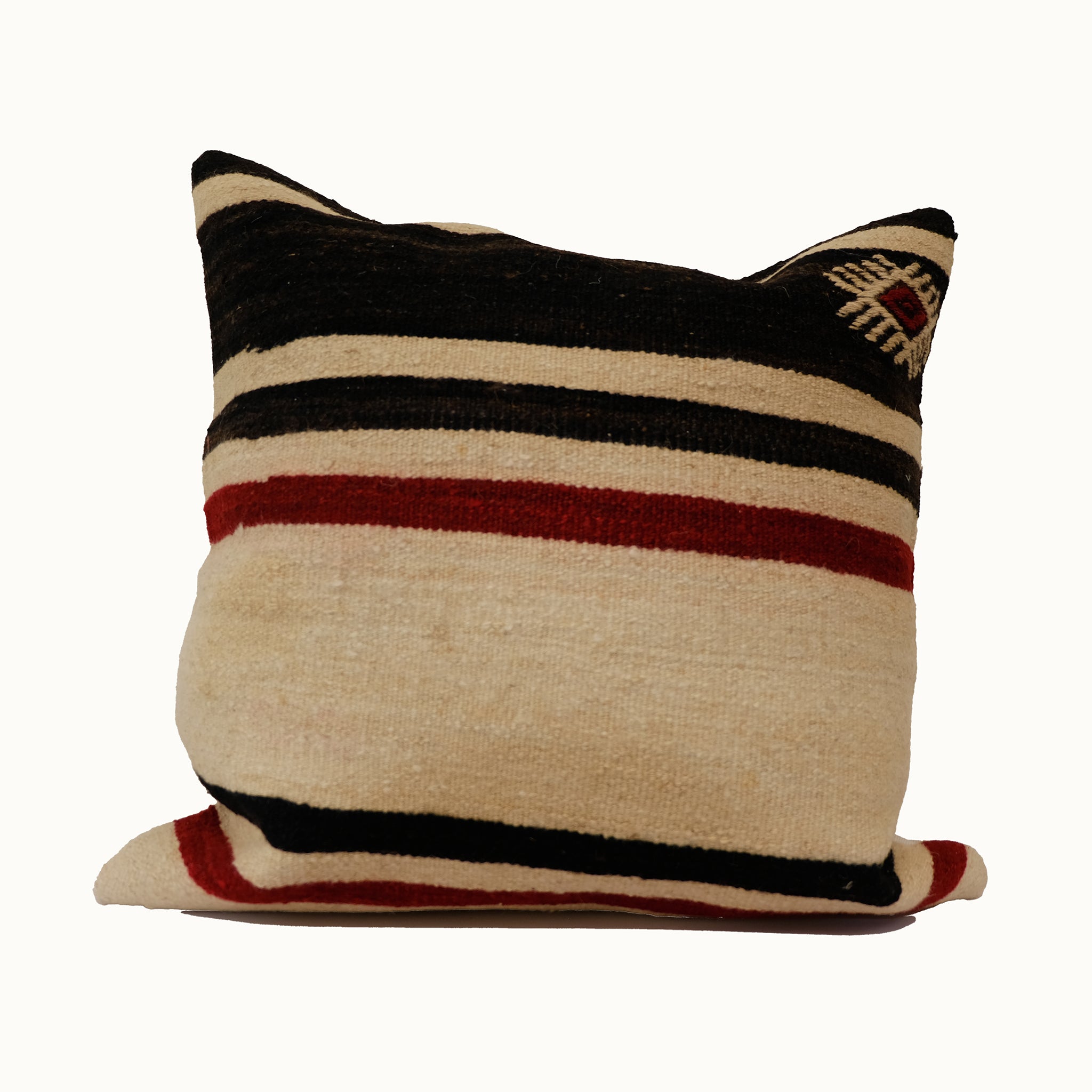 Neutral Turkish kilim pillow cover in beige, red and navy, handmade from vintage wool rug
